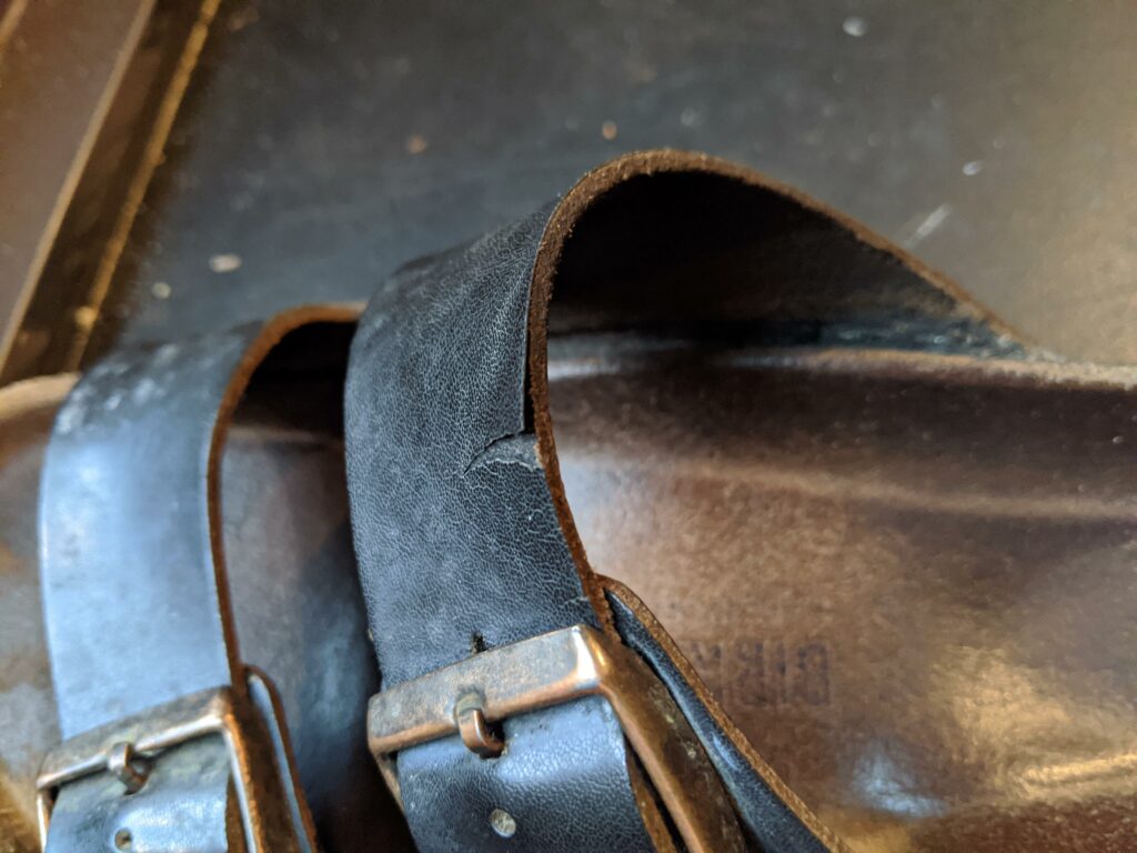 Peeling leather on belts