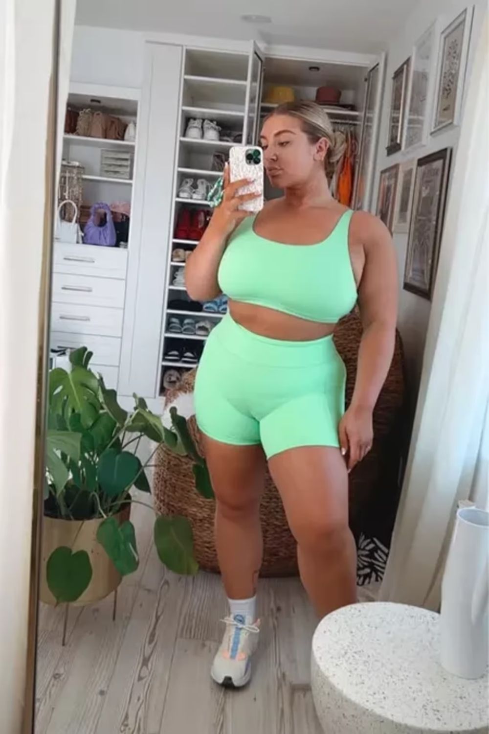 Vibrant mint green crop top and shorts set, offering a trendy and cohesive look for casual wear or workouts.